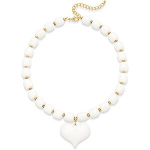 Women's Chunky Puff White Heart Penadnt Acrylic Beaded Chain Necklace